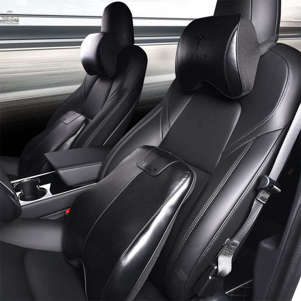 

For Tesla model 3 First Layer Cowhide Memory Foam Massage Car Waist Cushion Headrest Head Neck Lumbar Support Pillow
