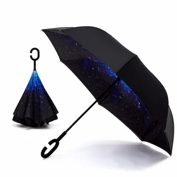 

C-Hook Reverse Umbrella Starry Sky Long Shank Double Layer Windproof Self Stand Rolling Over Umbrellas Drop Shipping