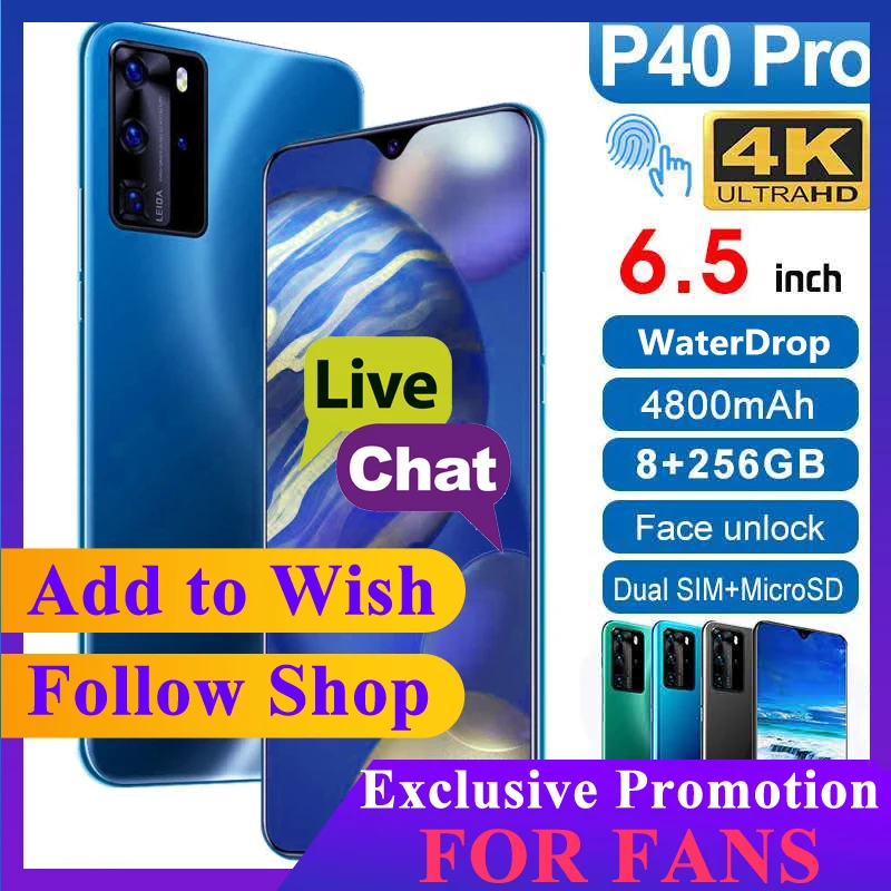 Смартфон P40 Pro Android 9 0 4800 мАч 8 ГБ + 256 MT6595 Water Drop недорогой сотовый телефон с функцией