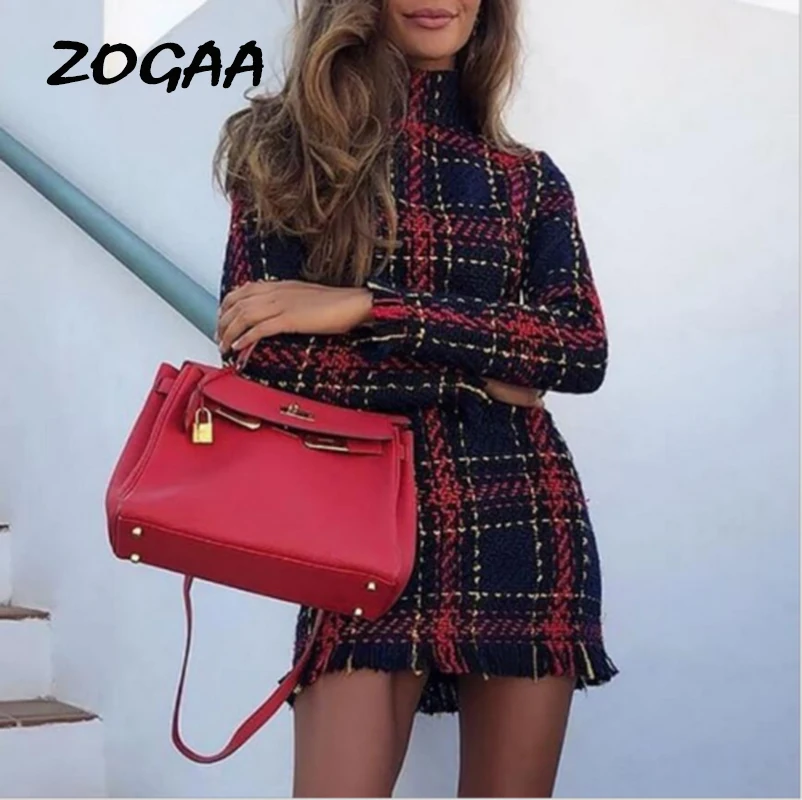 ZOGAA элегантное клетчатое твидовое женское платье зимнее офисное теплое