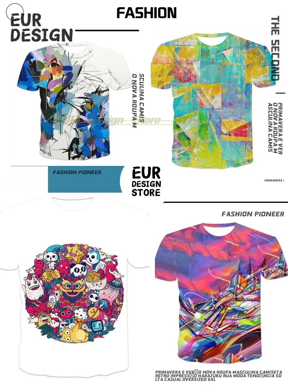 Colorful 3d graffiti printing men's T-shirt fashion tops 2021 summer casual breathable retro style cost-effective summer T-shirt