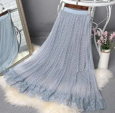 Sanishroly Autumn Women Dot Lace Skirts Elastic High Waist Mesh Skirt Female Midi Long Pleated Skirts A-Line Party Skirt SE725 - Цвет: Синий