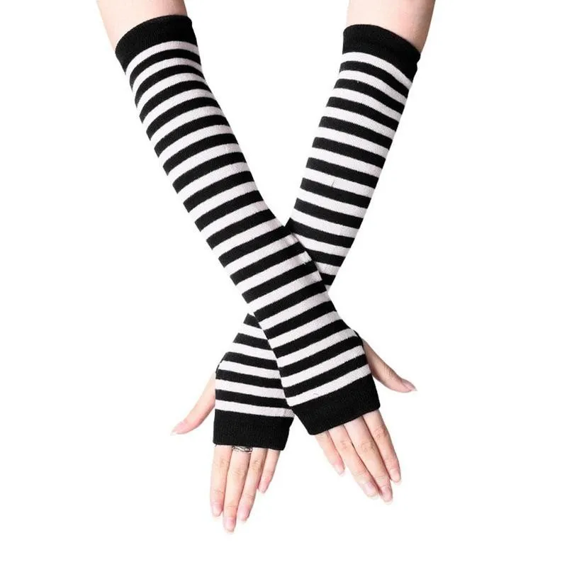 Unisex Long Fingerless Gloves Gloves Arm Cover Striped Cotton Wrist Sleeves Arm Warmer Sleeve Knitted Gloves Womens Fingerless