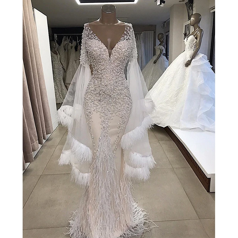 Robe De Soiree 2019 роскошное вечернее платье Русалочки с перьями Длинный Сексуальный v-образный вырез длинный рукав аппликация торжественное