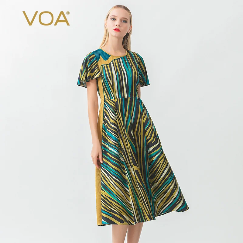 

VOA28 Mmi silk elastic satin blue-striped lotus-sleeve tucker pleated asymmetric splicing dress A10703