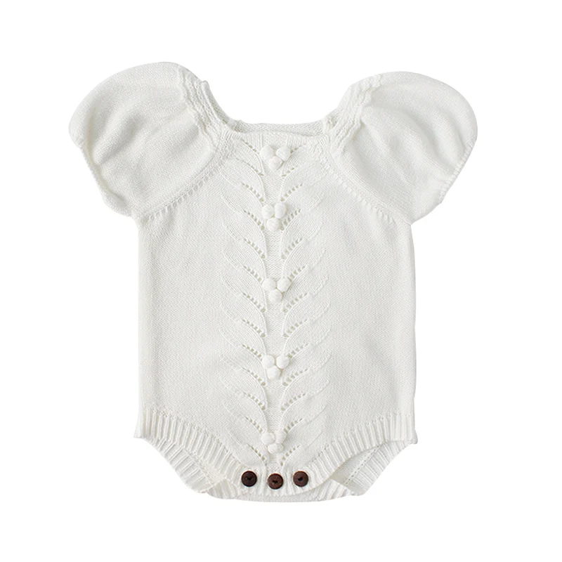 White baby rompers Newborn Baby Romper For Girls Knitted Puff Short Sleeves Children Jumpsuit Baby Girls Clothing Spring Autumn Toddler Baby Onesie - Color: White baby rompers