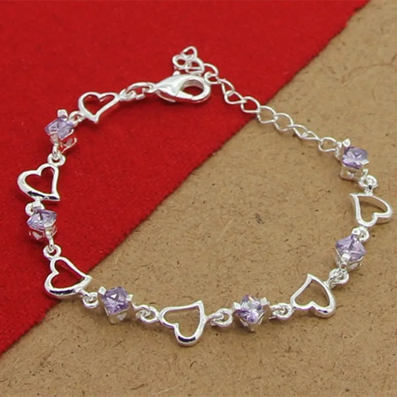 925 Sterling Silver Bracelet Heart Purple Crystal Zircon Bracelet For Woman Party Engagement Jewelry Gift - Image 5