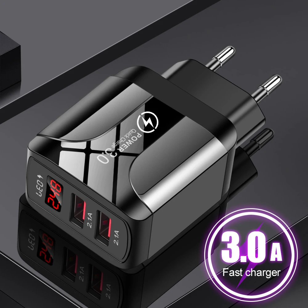 USB Quick Charge 5V 3A Digital Display Power Adapter Charger For Samsung S20 iPhone 12 pro max 11 X 2 Ports Mobile Phone | Мобильные