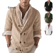 

Autumn Men's Cardigan Double Breasted Lapel Long Sleeve Thiock Warm Stretchy Casual Simple Fashion Knitting Male Sweater