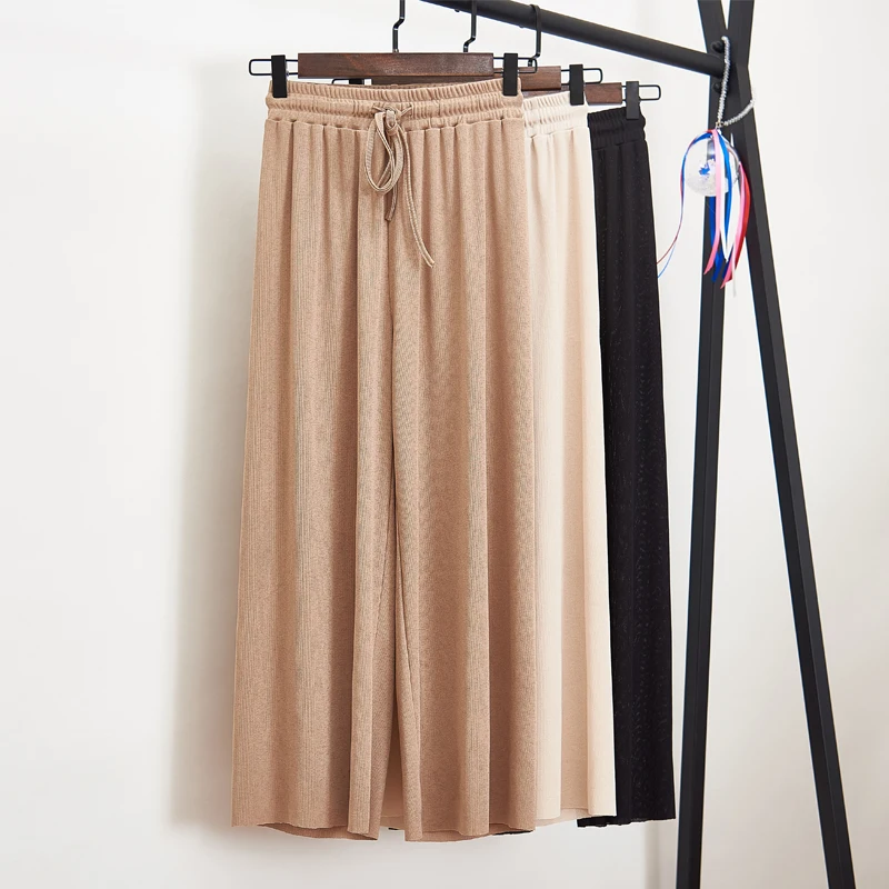 

Women Summer Thin Knit Trousers Black Wide Leg Loose Pants Ankle Length Pants Casual trouser Elastic Waist Plus Size Pants S-4XL