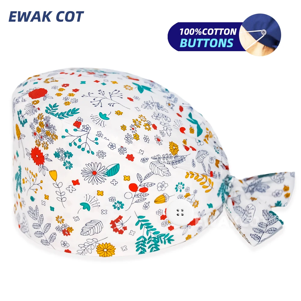 New Dental Hat Unisex Scrub Cap Floral Printed Cotton Clinic Hats Adjustable Pet Shop Lab Nursing Hat Nurse Scrubs Cap for Women medical scrub hats