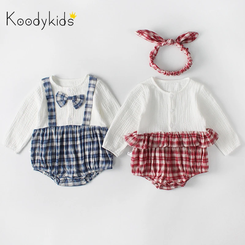 Koodykids/Боди для маленьких девочек; весенние комбинезоны с повязкой на голову для новорожденных мальчиков голубой клетчатый комбинезон; Осенняя детская модная одежда с длинными рукавами