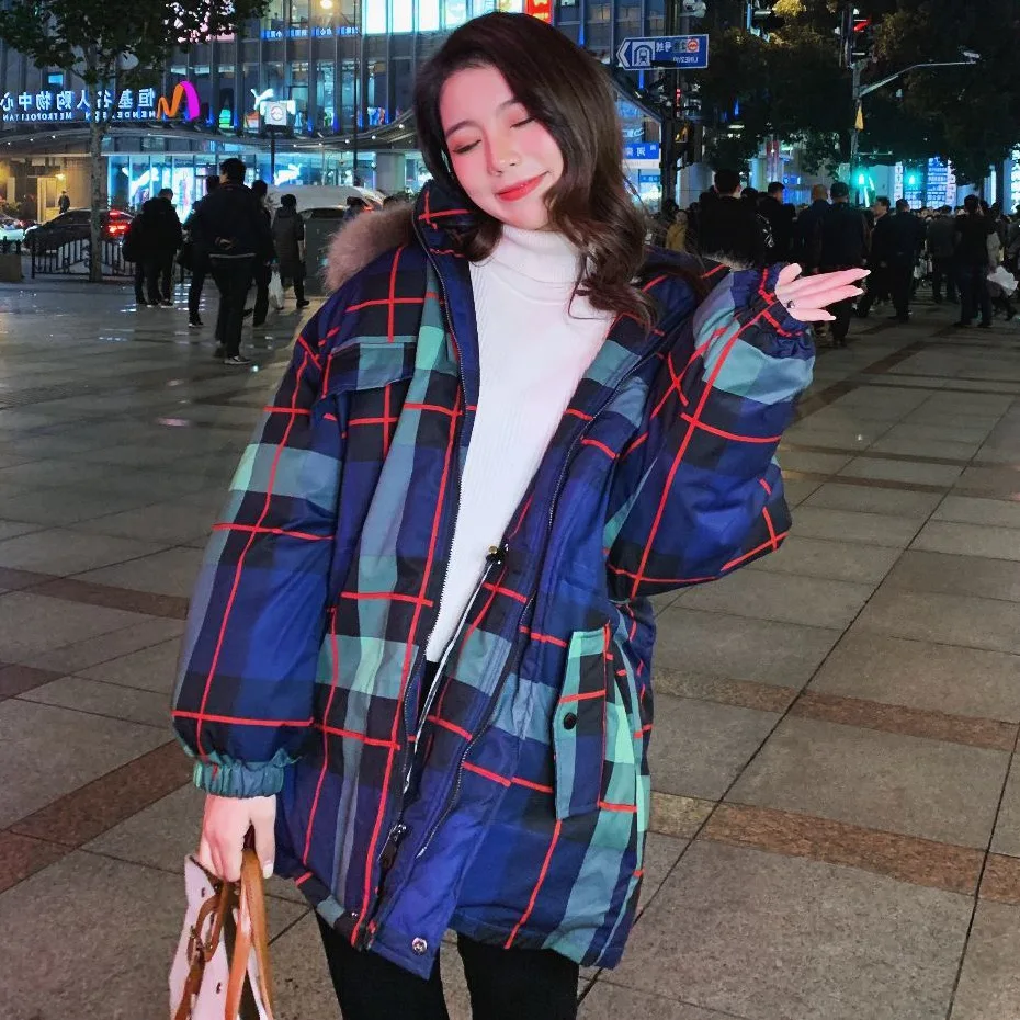 

Photo Shoot CHIC Contrast Color Plaid Casual Loose-Fit down Coat Women's Hooded Large Fur Collar Thick Short-height Cotton Overc