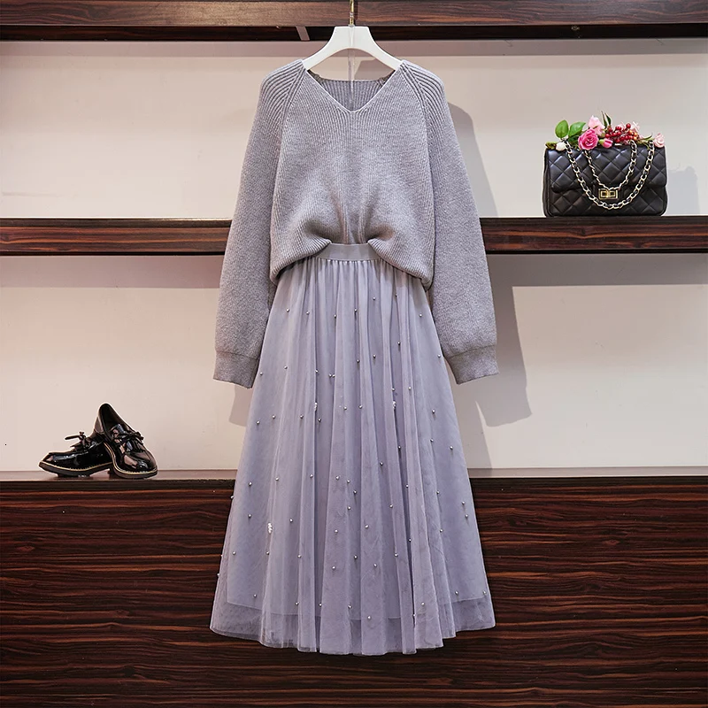 

plus size knitted casual sweater top and beading ruched elastic high waist mesh skirts 2 piece set women autumn winter outfits