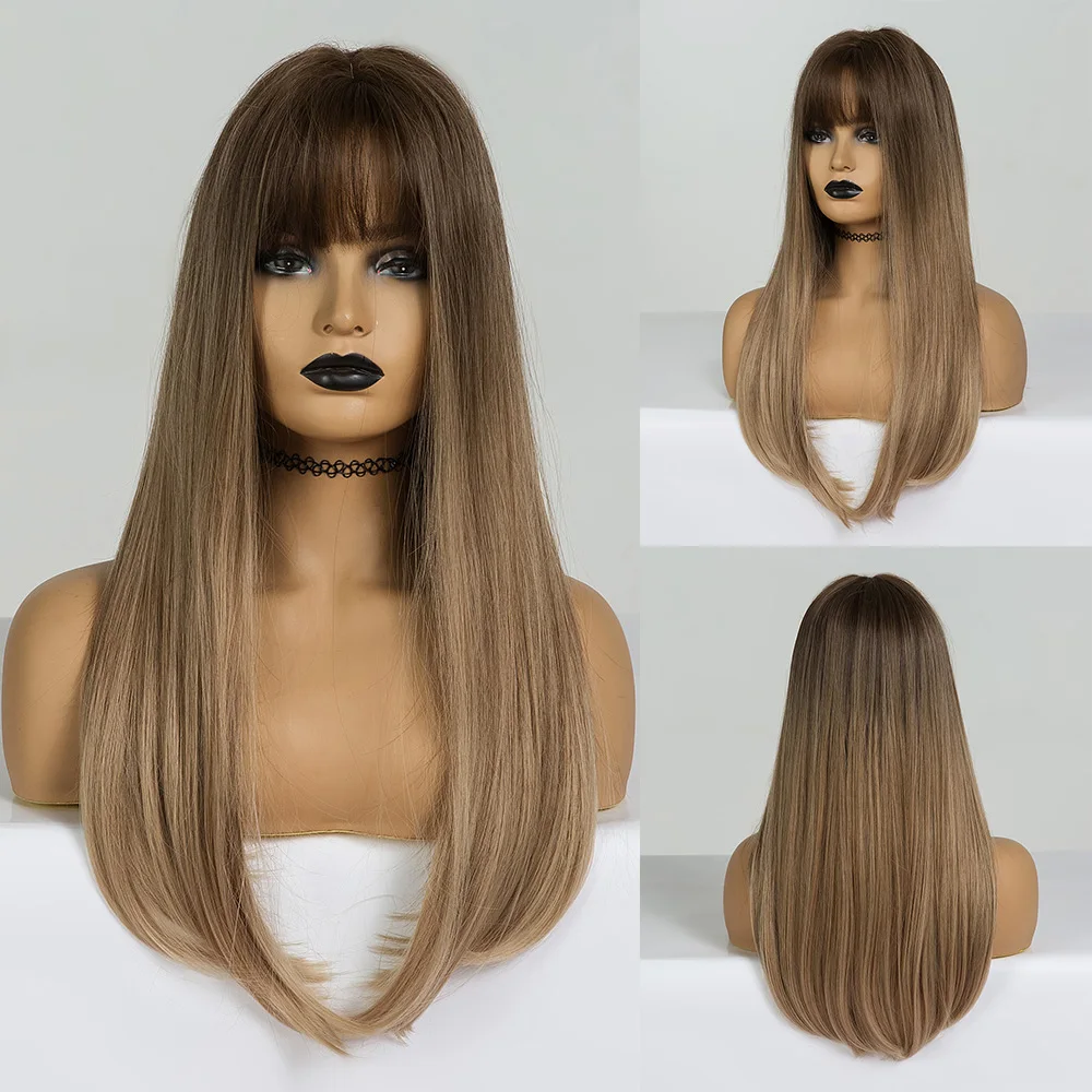 EASIHAIR Long Straight Light Blonde Ombre Wigs with Bangs Synthetic Wigs for Black Women Cosplay Wigs High Temperature Fiber Wig