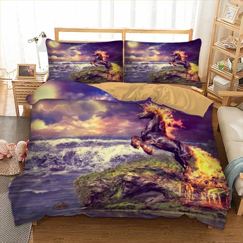 

3D Bedding Set Fire Unicorn Duvet Cover Set Single Double Bed Linens Twin Queen Super King Quilt Cover Kids Teen Bedclothes 3pcs
