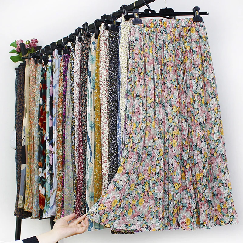 Women Summer Boho Chiffon Long Skirt Elegant Floral Print Pleated