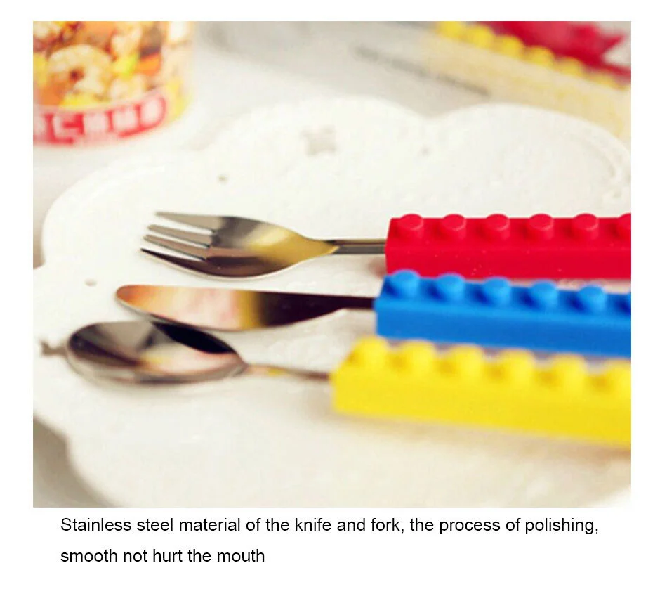 Creative Lego Bricks Portable Silicone Stainless Steel Tableware Set Travel Kids Adult Cutlery Fork Picnic Set Gift Dinnerware (10)
