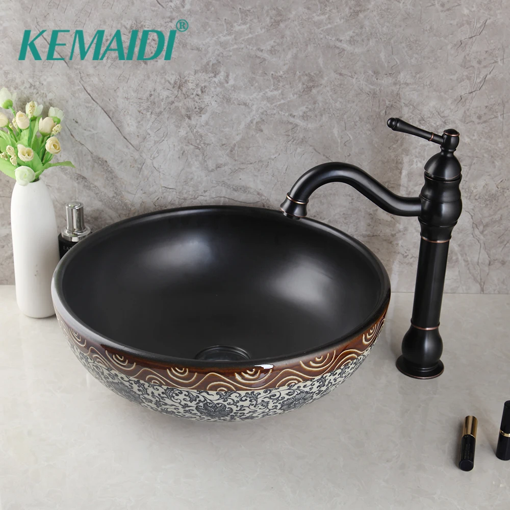 

KEMAIDI Ceramic Waterfall Spout Basin Black Tap Bathroom Sink Washbasin Bath Brass Set Faucet Mixer Taps