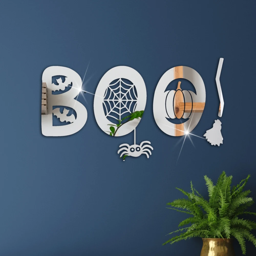 Halloween Acrylic Mirror Sticker Silver And Black Three Dimensional Holiday Wall Stickers Self