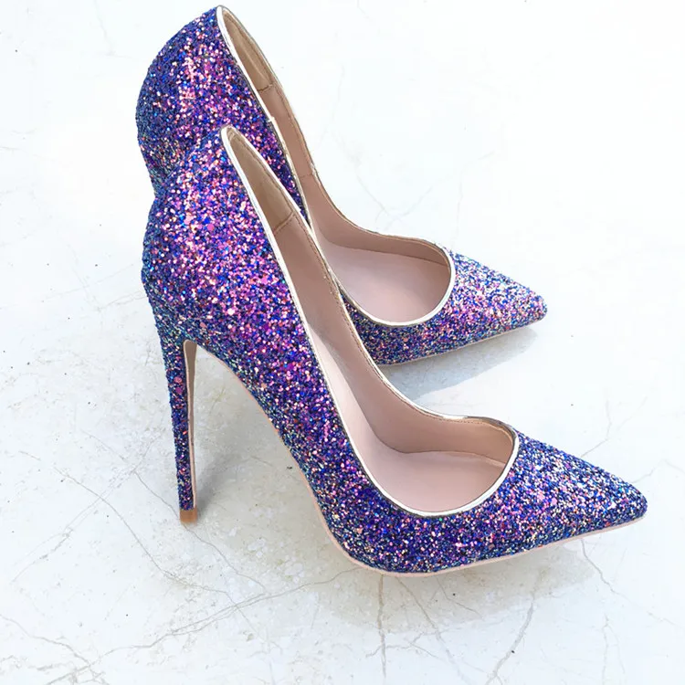 

Keshangjia brand fashion new pointed purple high-heeled exquisite sequins shoes 12cm high-heeled ladies party shoes
