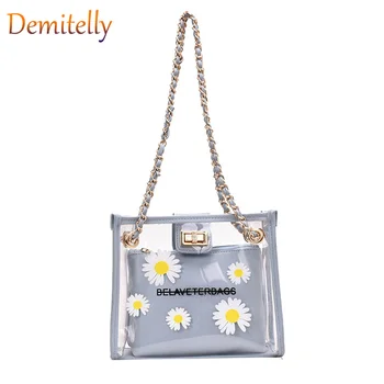 

New ladies shoulder bag summer PVC transparent transparent bag clutch bag chain portable jelly bag daisy flower printing handbag
