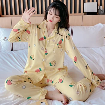 

Spring Autumn Female Pajamas Suits Women Casual Fashion Cute Cartoon Print Turn Down Collar Long Sleeve Tops Plus Pant Sets