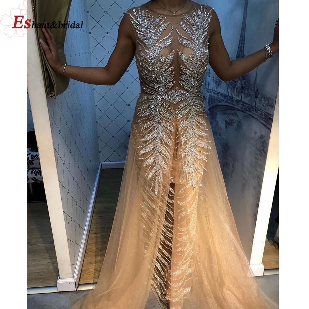 

Luxury Gold Evening Dress for Women 2019 Beads Handmade Long High Neck Backless Mermaid Tuttle Formal Party Gowns