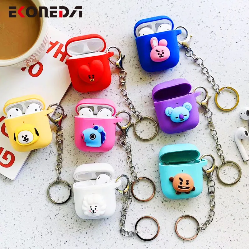 Защитный чехол EKONEDA с милыми животными для Airpods, силиконовый мягкий чехол ярких цветов для Airpods с цепочкой