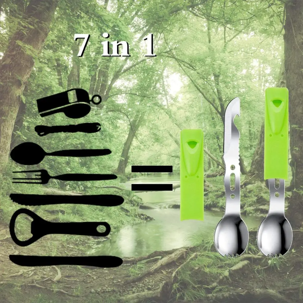 Multi Functional Outdoor Camping Fork Spoon Knife with Whistle Survival