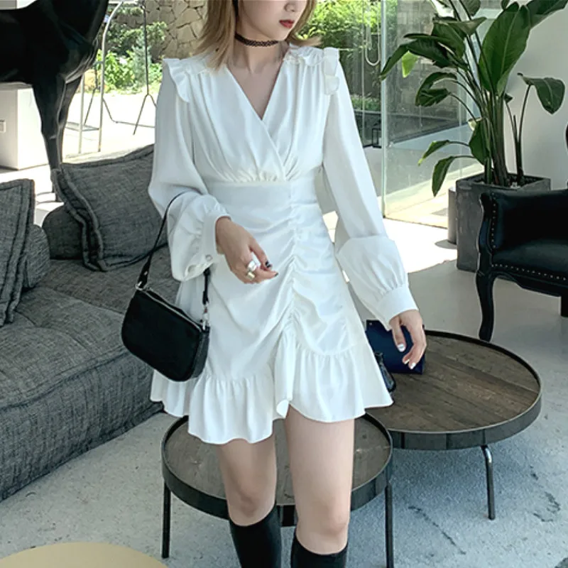 Draped Mini Dress Women Casual High Street French Long Sleeve High Waist Party Elegant Dress Female 2020 Autumn Clothing Korean Draped Mini Dress Women Casual High Street French Long Sleeve High Waist Party Elegant Dress Female 2020 Autumn Clothing Korean