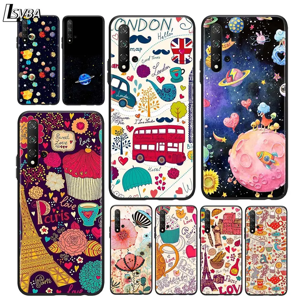 Милый мультяшный Лондон для Huawei Honor 9X Lite 8X 9S 9A 9C 30 20 10i 10 9 8C 8A 7C 7A Pro черный чехол