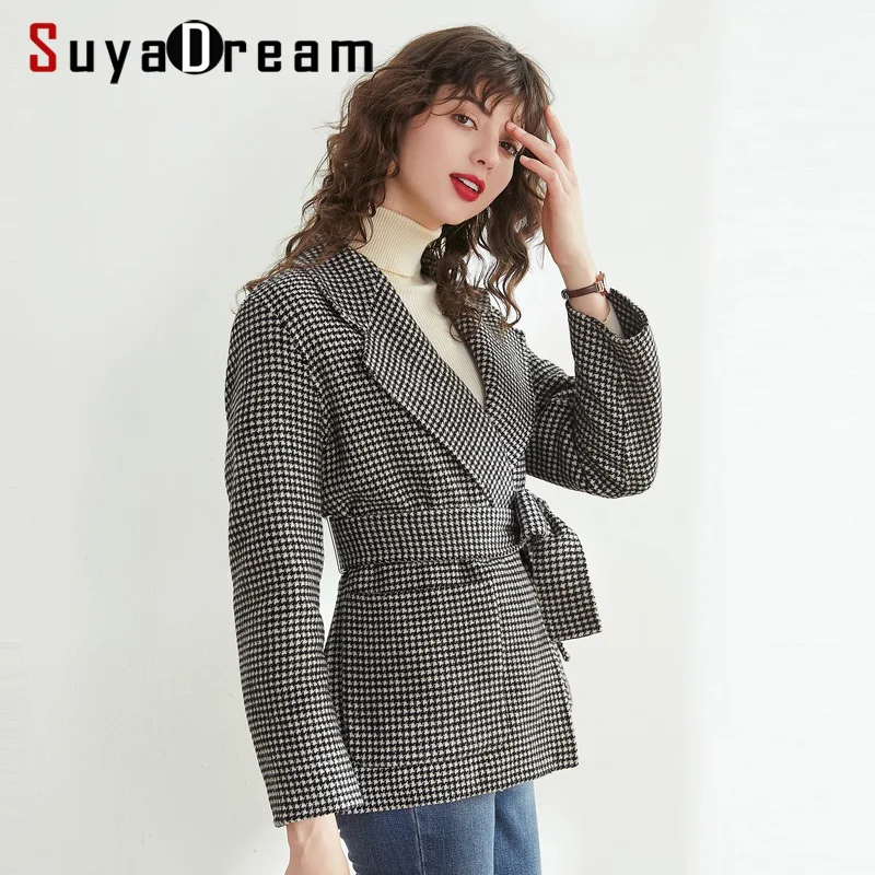 

Women Wool Coat 100%Wool Belted Coat For Women Swallow Gird Patterns Coats 2019 Fall Winter