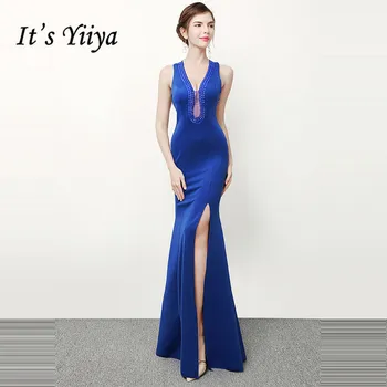 

V-Neck Abendkleider It's Yiiya DX308 Sleeveless Mermaid Evening Dresses Crystal Split Zipper Plus Size Special Occasion Dress
