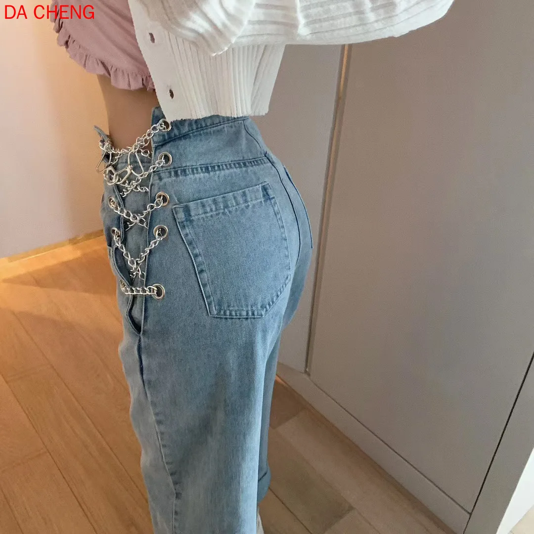 Babygirl Queen-Level Chain Print High-Waist Straight Loose-Fit Floor Pants Wide-Leg Jeans for Women Mom Jeans Mujer Pantalones