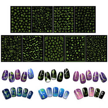 

Halloween Nail Decal And Sticker 9 Style 3D Leaf Flower Butterfly Feather Pattern Luminous DIY Sticker For Nail Art Manicure