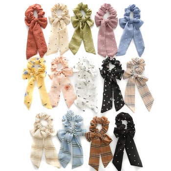 

1pcs Chiffon Knotted Bow Hair Scrunchies Small Dots Stripe Floral Print Elastic Hair Band Ponytail Hair Rope Tie For Women Girls