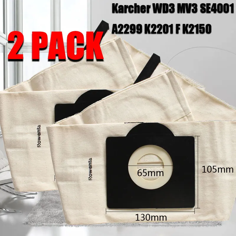 Моющиеся тканевые мешки для пыли Karcher WD3 MV3 SE4001 A2299 K2201 F K2150 Запчасти для пылесоса Замена мешка для пыли - Цвет: 2pcs