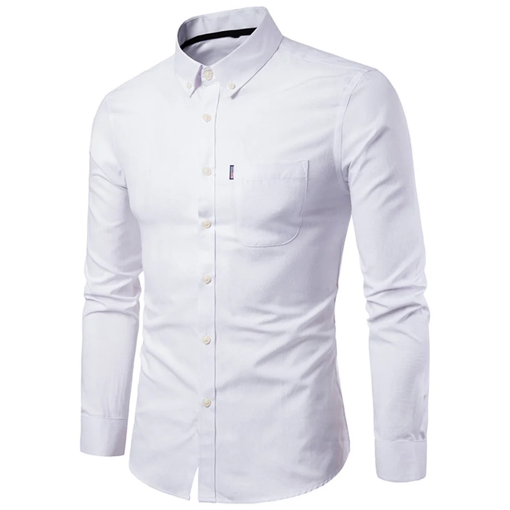 Весенняя официальная рубашка с длинным рукавом для мужчин, однотонная тонкая Базовая рубашка с отложным воротником, деловая одежда, рубашки Camisas Masculina camisas hombre - Цвет: Белый