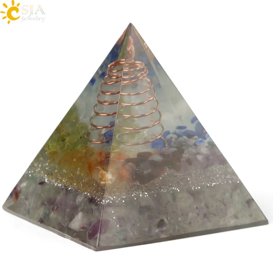 Csja 49x49 мм Orgone Пирамида Orgonite конвертер энергии природный гравий Chakra Смола металлическая спираль заживление удача украшение дома G258 - Цвет: Fluorite