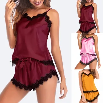 

Women's Sleepwear Sexy Lingerie Satin Silk Pajama Set White Lace V-neck Pyjamas Sleeveless Cute Cami Top And Shorts Women Пижама