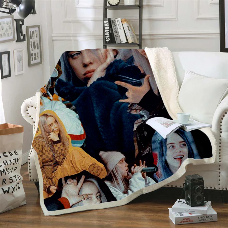 

billie eilish 3d printed fleece blanket for Beds Hiking Picnic Thick Quilt Fashionable Bedspread Sherpa Throw Blanket style-3