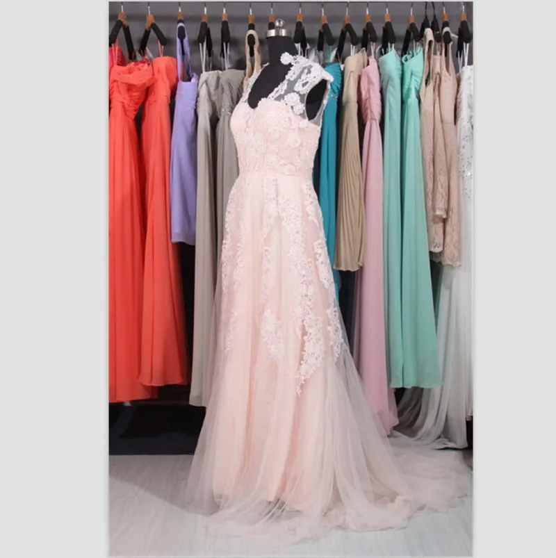 Elegant Real Sample Simple V Neck Robe De Mariage Pink Lace Bridal Gown Vestido De Noiva Vintage long bridesmaid dresses