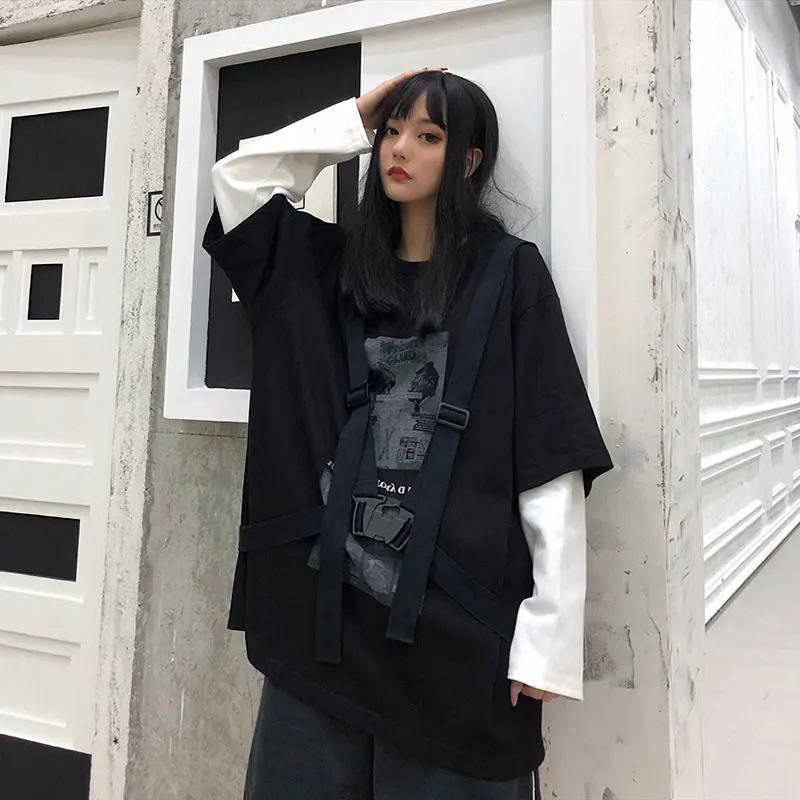 Woherb, новинка, весна-осень, футболка с принтом для женщин и мужчин, Harajuku, поддельные топы из 2 частей, с ремнем, в стиле ретро, черные, серые футболки