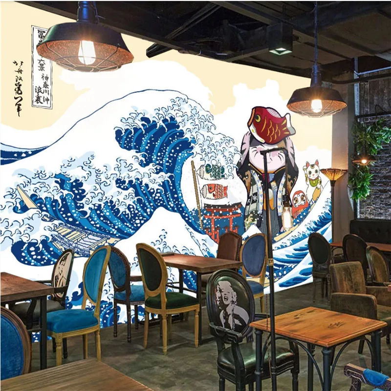 Japanese Ukiyo-e Big Waves HD Photo Wallpapers and Wind Background Wall Paper 3D for Japanese Cuisine Sushi Restaurant Decor