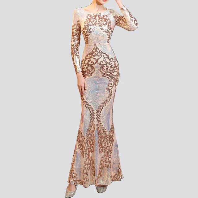 O-neck Long-Sleeve Shinning Sequins Evening Dresses Sexy Backless Mermaid Party Gowns Maxi Elegant Multi Female Robes vestidos Champange Gold