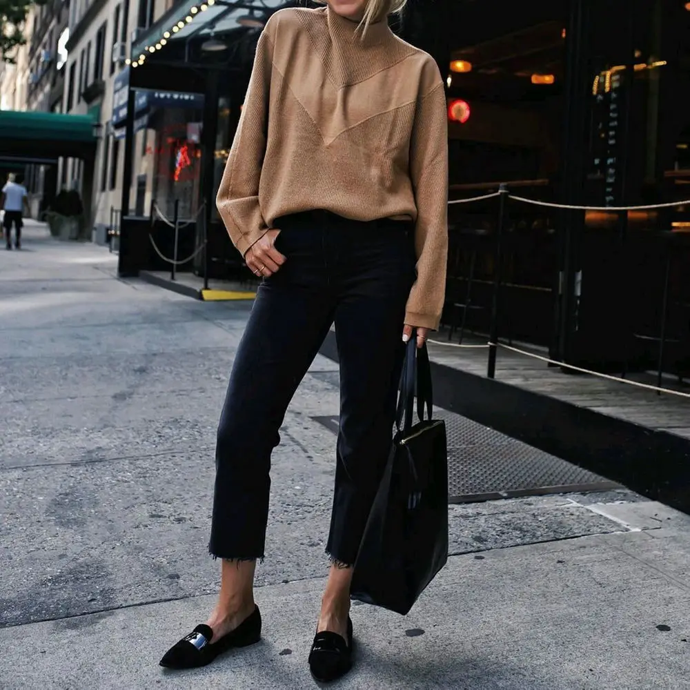 

2019 Autumn Winter Women's Minimalist Style Long Batwing Sleeve V-shape Pullovers Casual Women Sweaters