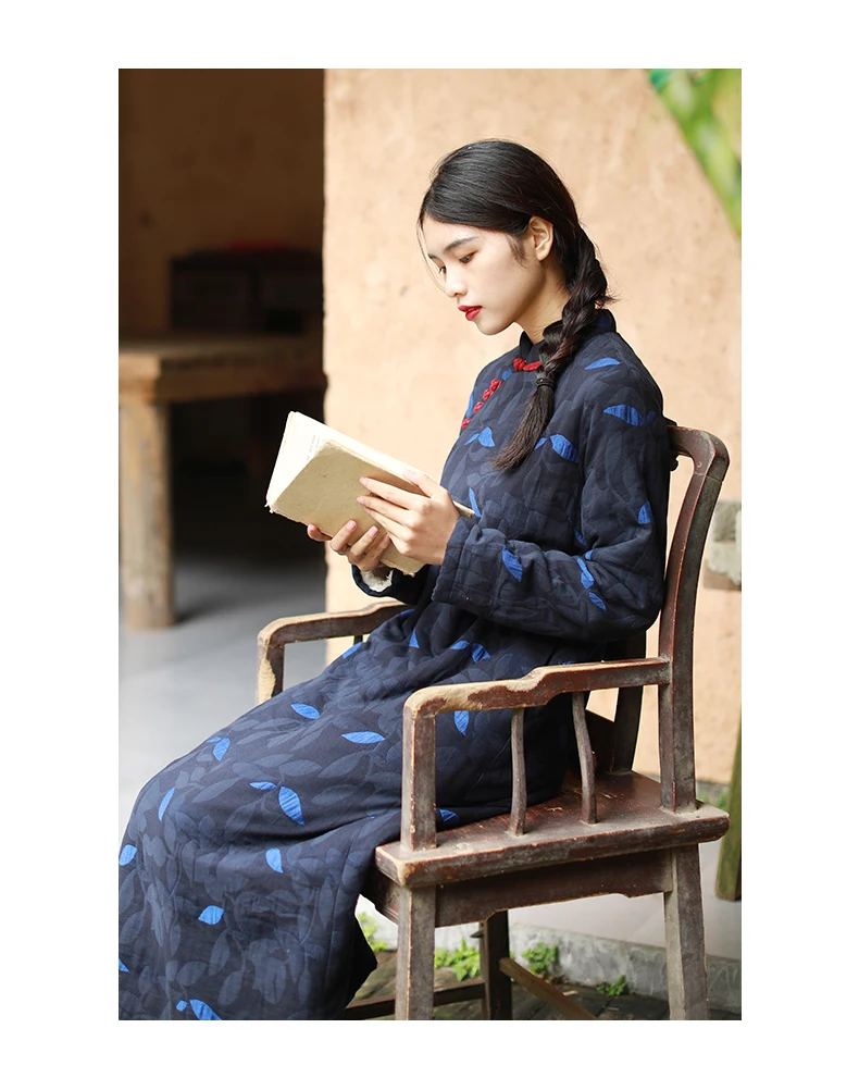 LZJN 2019 New Vintage Chinese Thickened Plush Dress Autumn Winter Female Warm Long Cheongsam Qipao Retro Robe Dress (21)