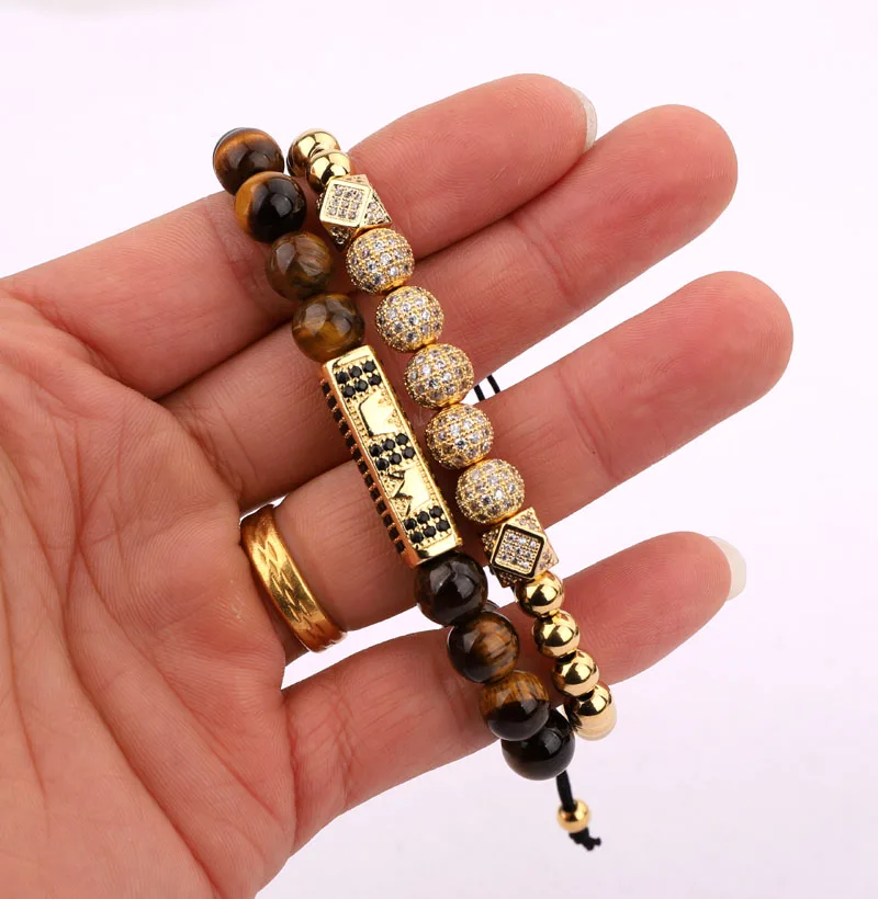 High Quality New Luxury CZ Micro Pave Ball Crown Charms Tiger Eyes Stone Beaded Adjustable Bracelet Men Women - Image 5