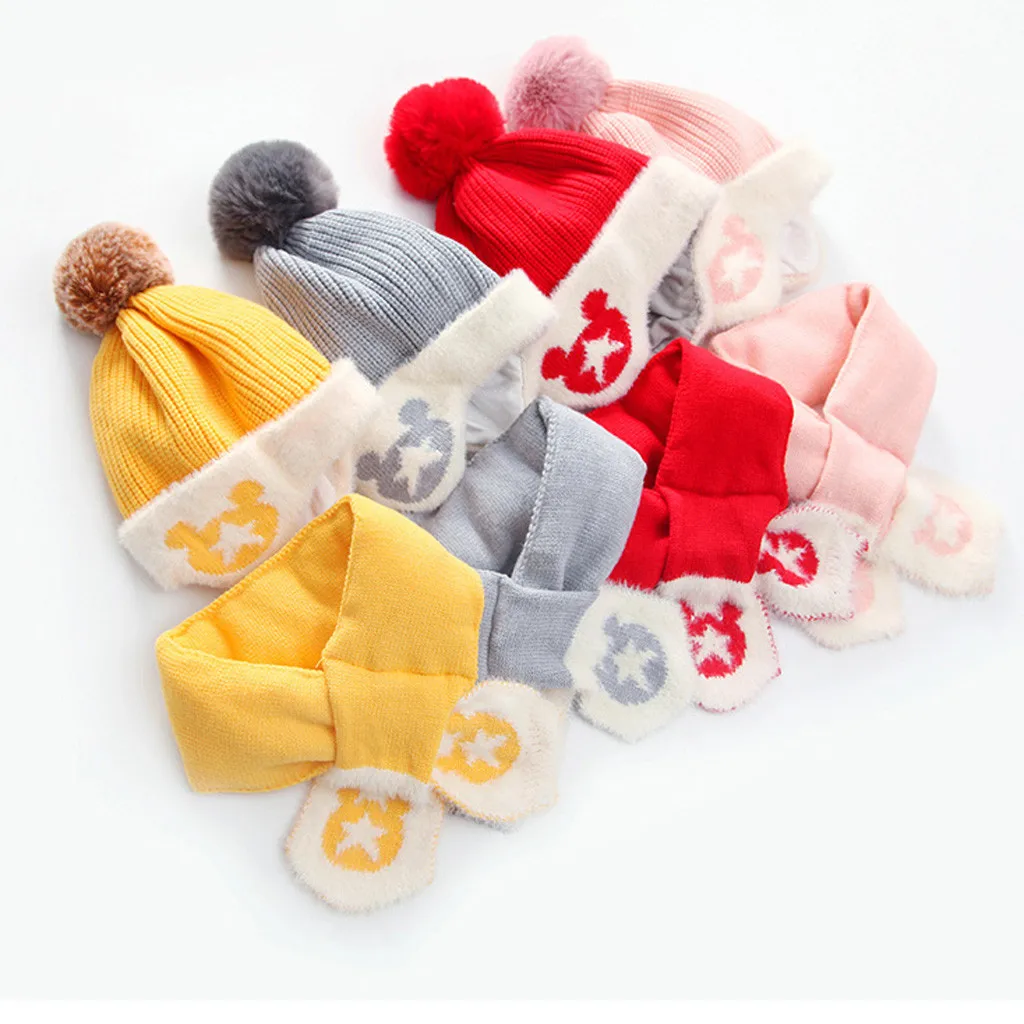 Детская одежда с рисунком из мультфильма Beanie hat Baby зимняя шапка с изображением «звезд» для мальчиков и девочек; вязаная детская милая шляпка+ шарф, комплект одежды из двух предметов для маленьких; наряд для фотосессии